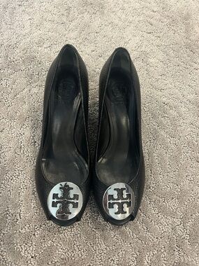 Tory Burch Sally II Black Leather Wedges